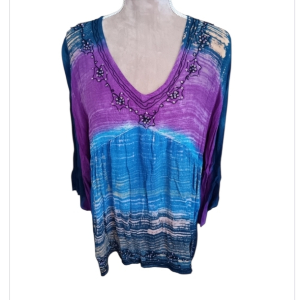 Greater Good~Tie-Dye Sequin Beaded Tunic Top ~ Purple Blue~ S/M